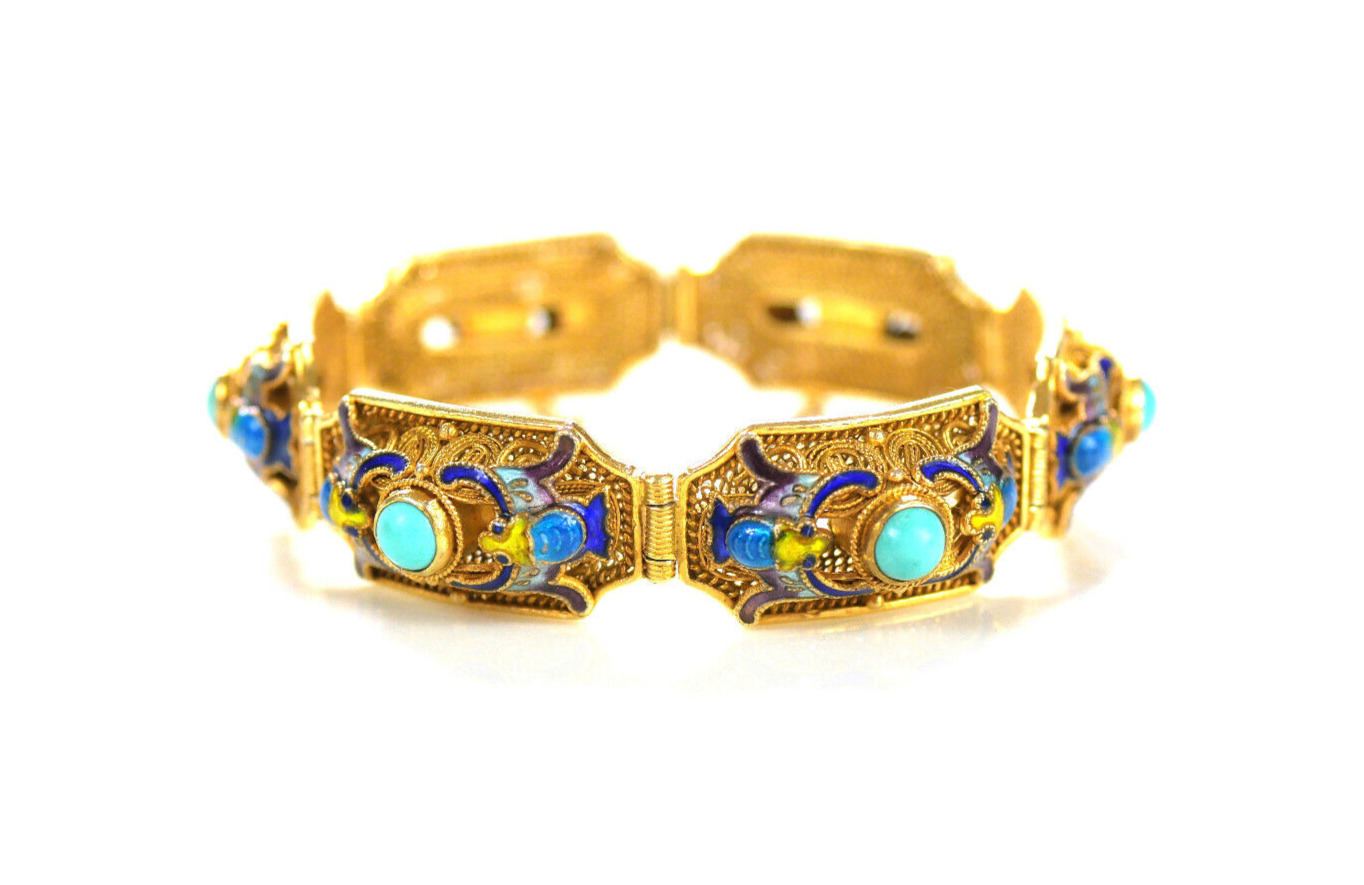 Schönes Armband - Wohl China - mit Türkisen + Emaille - Silber vergoldet